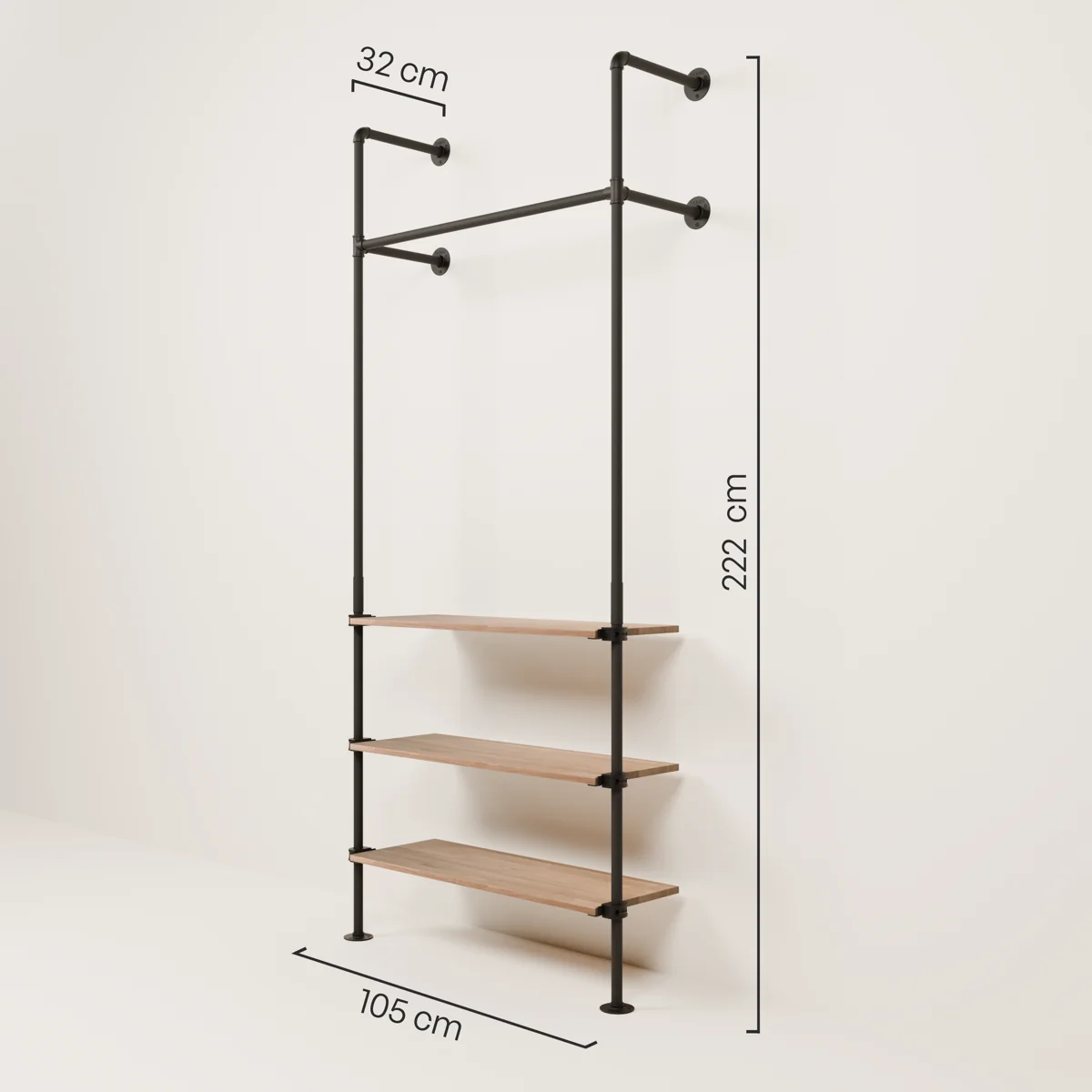 KIM 1 OAK – Houten kledingroede | met 3 planken - Image 3